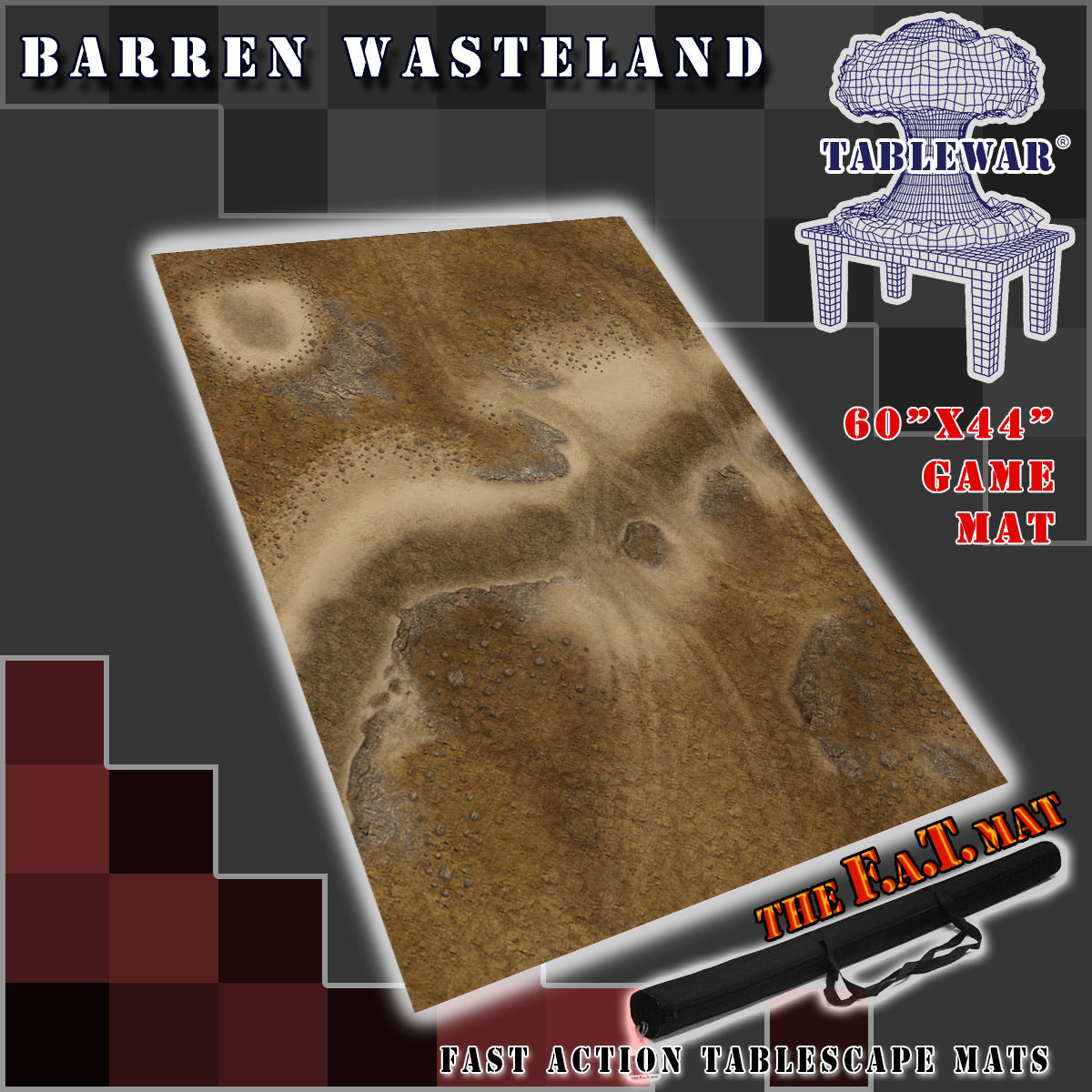 60x44 inch neoprene gaming mat with a Barren Wasteland theme, marketed for tabletop gaming, accompanied by a black canvas zipper bag