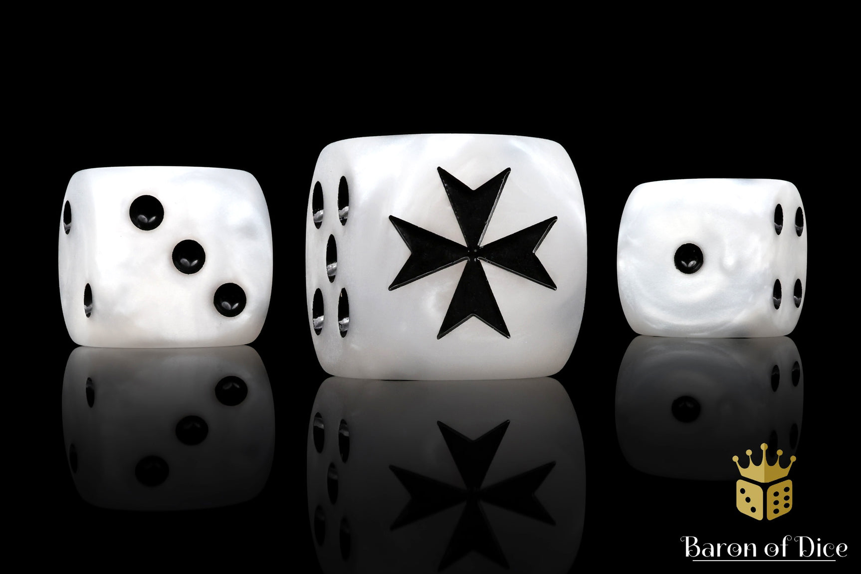 Three white dice with black star design on a reflective black surface, featuring 'Baron of Dice' branding.