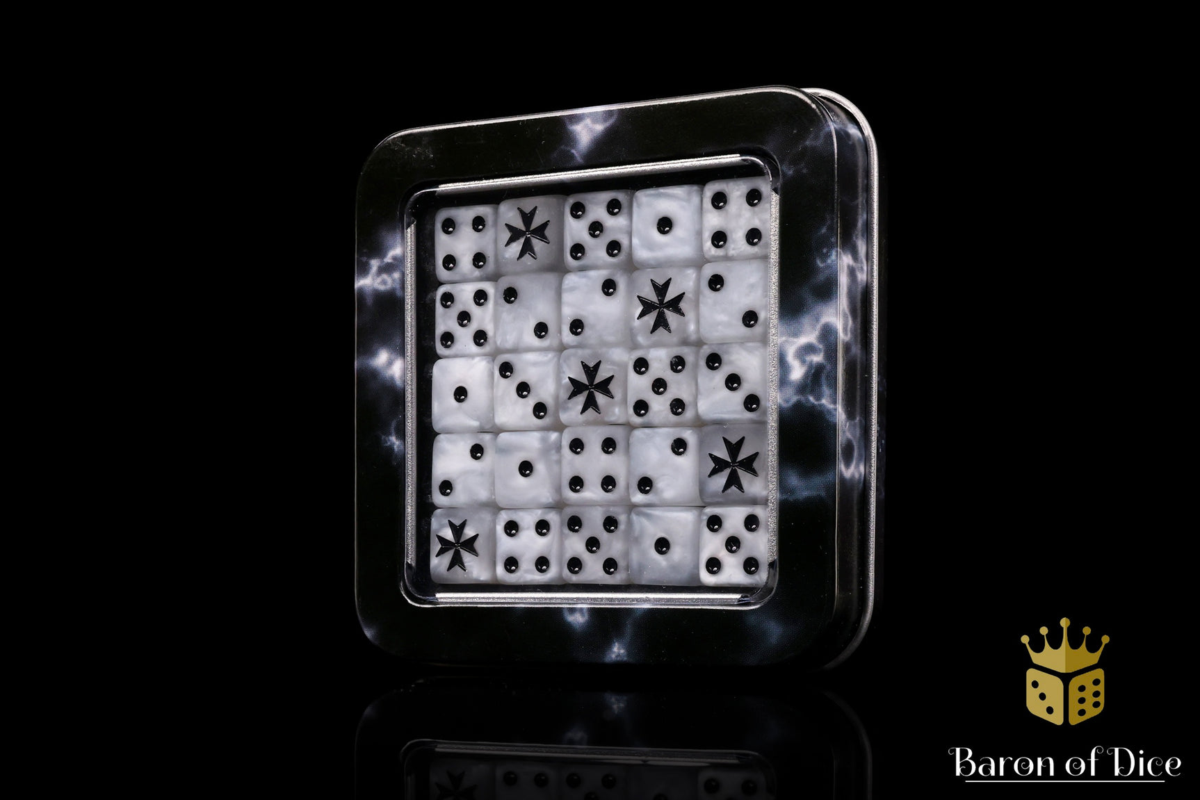 Set of dice with star patterns in a clear plastic case on a dark background, featuring the Baron of Dice logo.