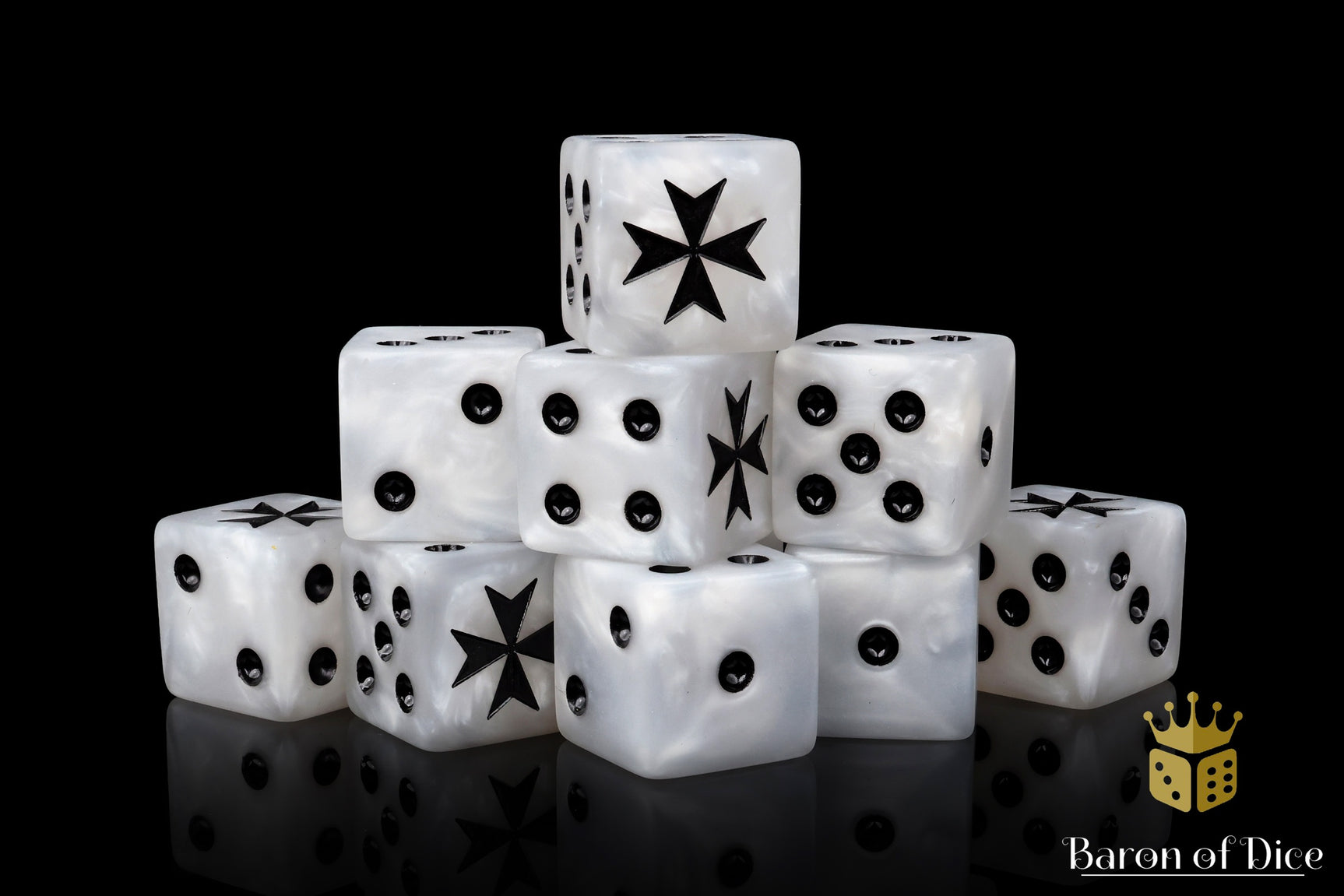 White dice with black cross symbols on a black background, featuring the Baron of Dice brand.