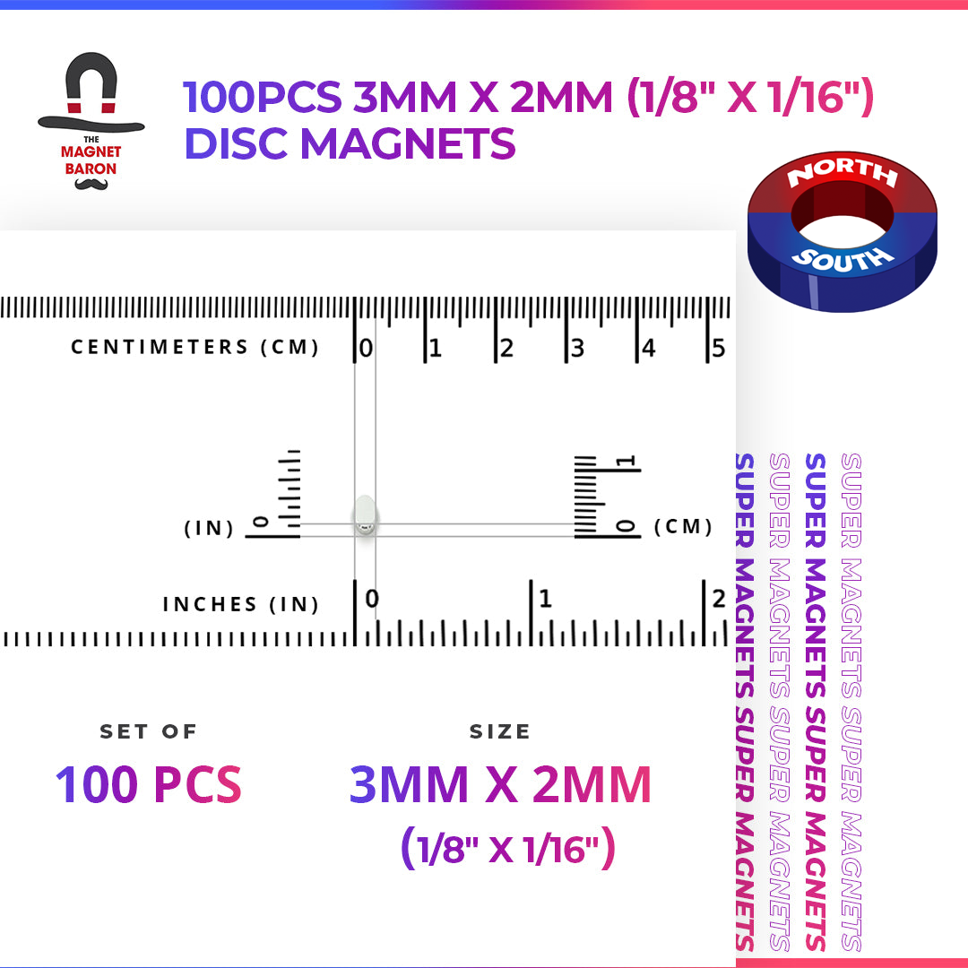 Special - Diametrically Magnetized - 100pcs 3mm x 2mm (1/8" x 1/16") Disc Magnets