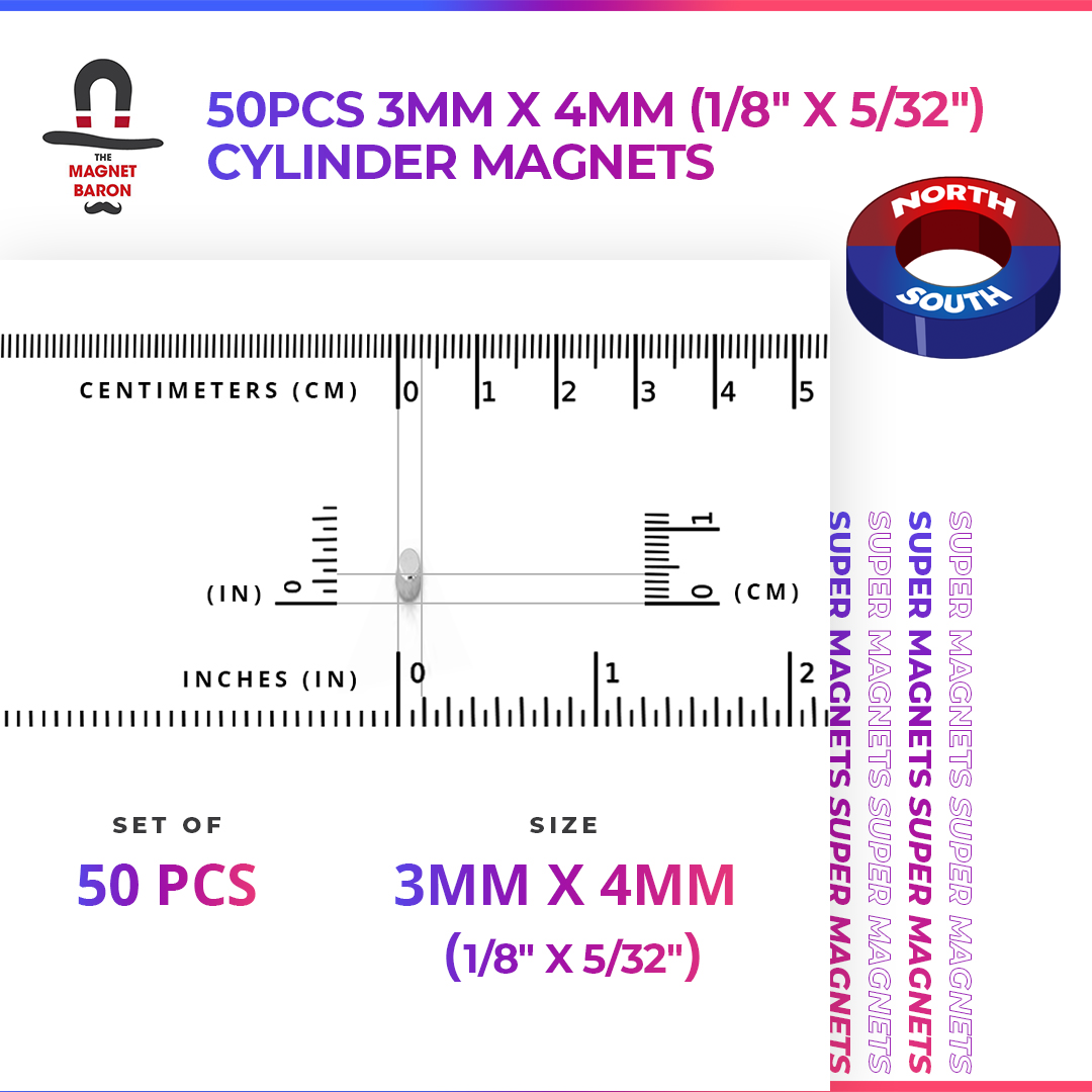 Special - Diametrically Magnetized - 50pcs 3mm x 4mm (1/8" x 5/32") Cylinder Magnets