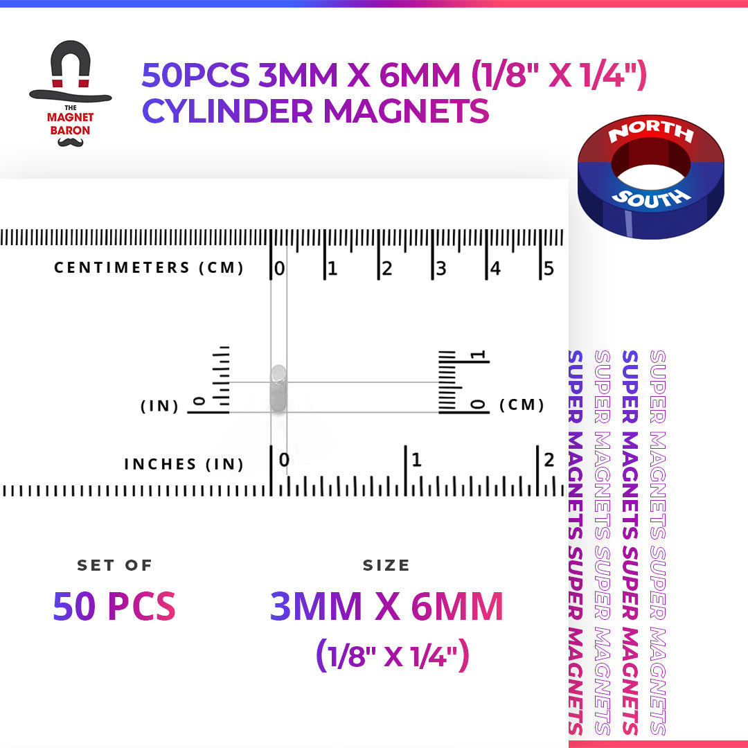 Special - Diametrically Magnetized - 50pcs 3mm x 6mm (1/8" x 1/4") Cylinder Magnets