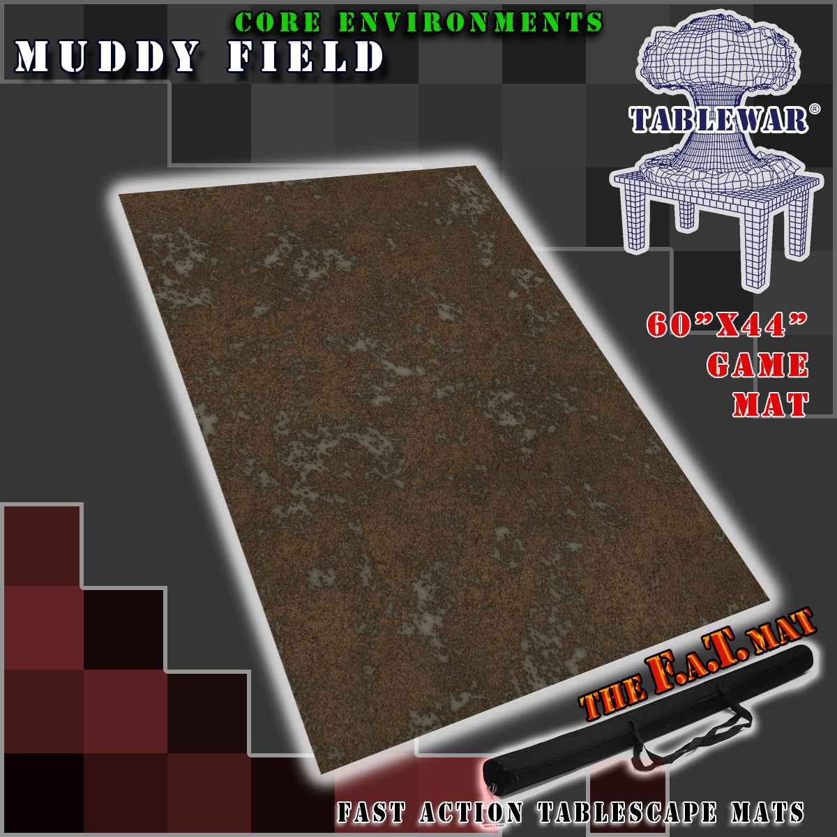 60x44 inch neoprene gaming mat with a muddy theme, marketed for tabletop gaming, accompanied by a black canvas zipper bag