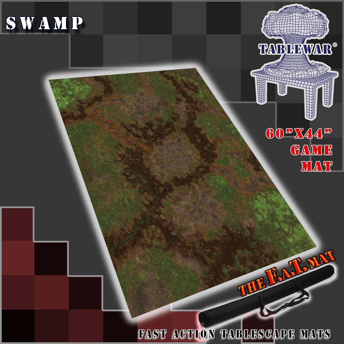 60x44 inch neoprene gaming mat with a Swamp Jungle theme, marketed for tabletop gaming, includes a black canvas zipper bag
