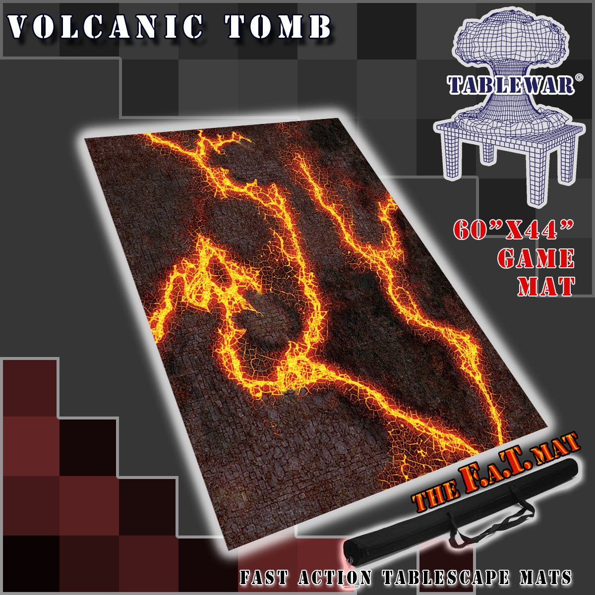 60x44 inch neoprene gaming mat with a Volcanic Tomb LAVA theme, marketed for tabletop gaming, accompanied by a black canvas zipper bag