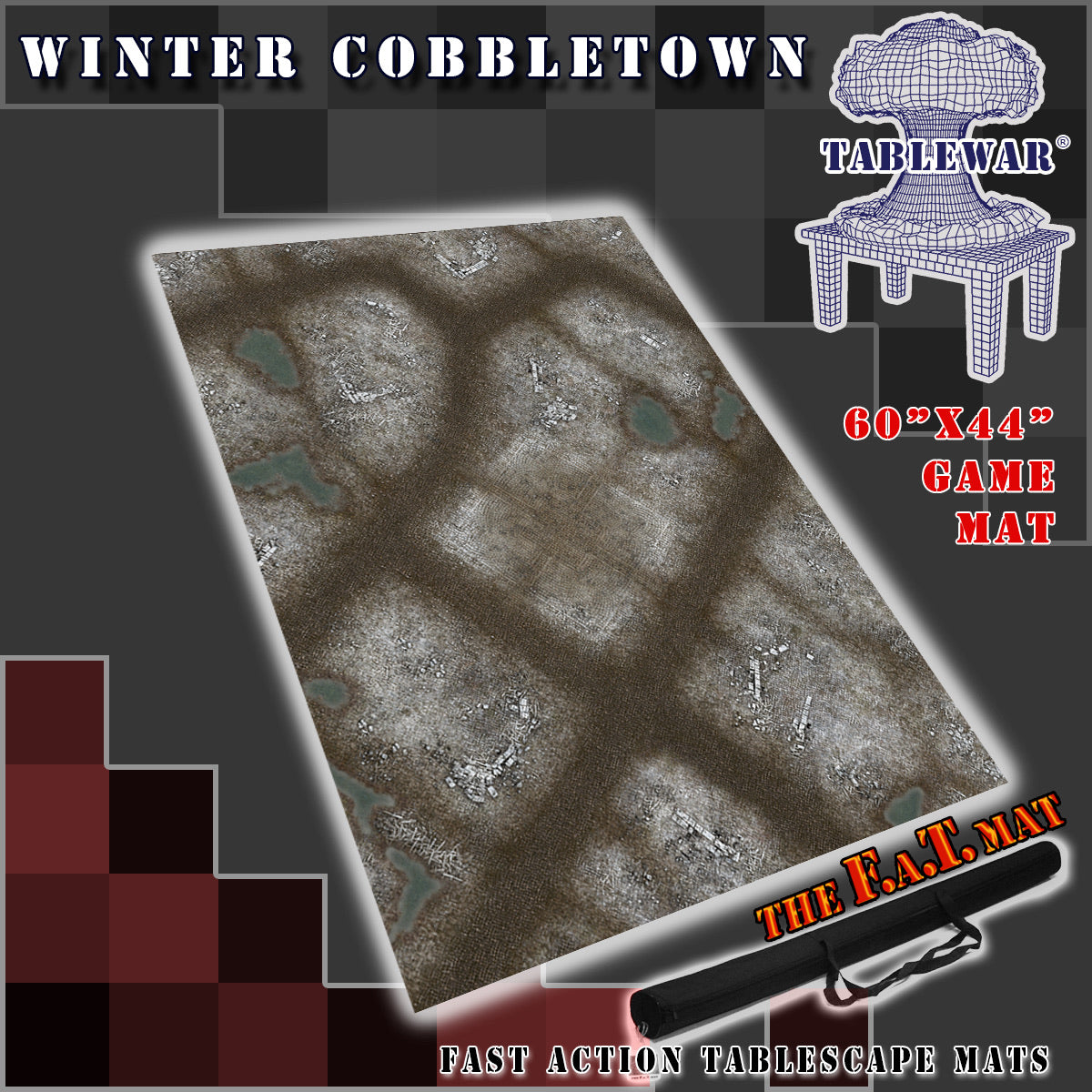 60x44 inch neoprene gaming mat with a Winter Cobblestone Town theme, marketed for tabletop gaming, accompanied by a black canvas zipper bag