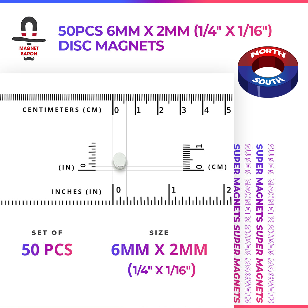 Special - Diametrically Magnetized - 50pcs 6mm x 2mm (1/4" x 1/16") Disc Magnets