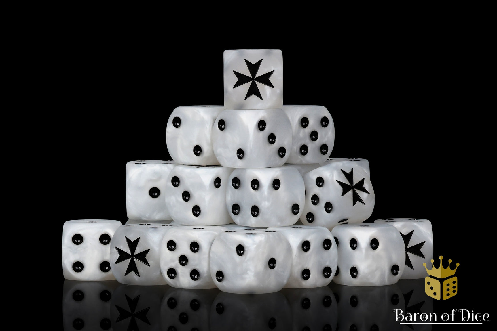 Pyramid of dice with Maltese cross design on a black background, featuring 'Baron of Dice' branding.