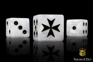 Three dice with a star design on a black background, featuring the Baron of Dice brand.
