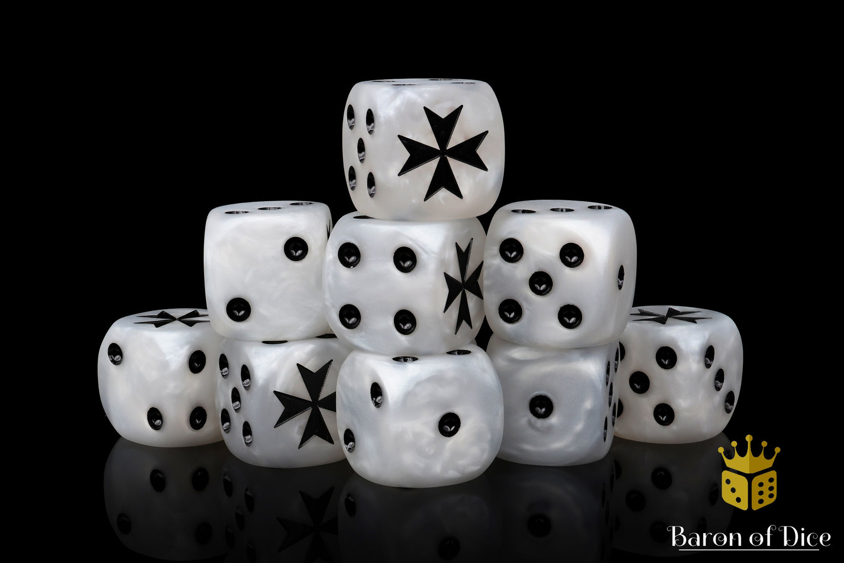 White dice with black star patterns stacked on a reflective surface, branded 'Baron of Dice'.