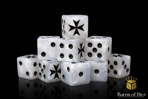 White dice with black cross symbols on a black background, featuring the Baron of Dice brand.